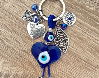 Evil Eye Heart Keychain, Blue Heart Keychain, Lucky Keychain, Protection Keyring, Greek Eye Keychain, Evil Eye Bag Charm, Turkish Evil Eye