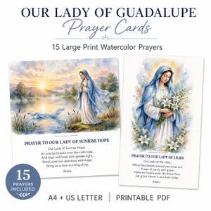 Gebedskaarten van Onze Lieve Vrouw van Guadalupe | 15 gebeden in grote aquarelletters | A4 + US Letter | Katholieke devotiekaarten om af te drukken | Maagd Maria