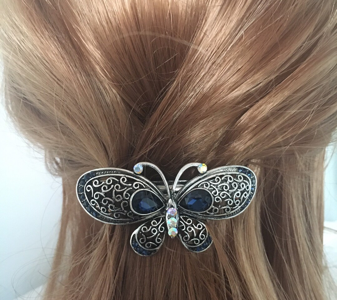 Butterfly Barrette Filigree Hairclip Metal Crystal Butterfly Etsy