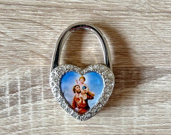 St Christopher Bag Hanger, Saint Christopher Bag Hook Table, Religious Bag Purse Hanger Hook,Religious Portable Bag Hanger, Heart Rhinestone