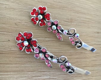 Flower hair clips. Metal Red Rhinestones Hairclips. Floral Girls Hair Pins Hairpins. Crystal Vintage Style Hair Jewelry Hair Accessories