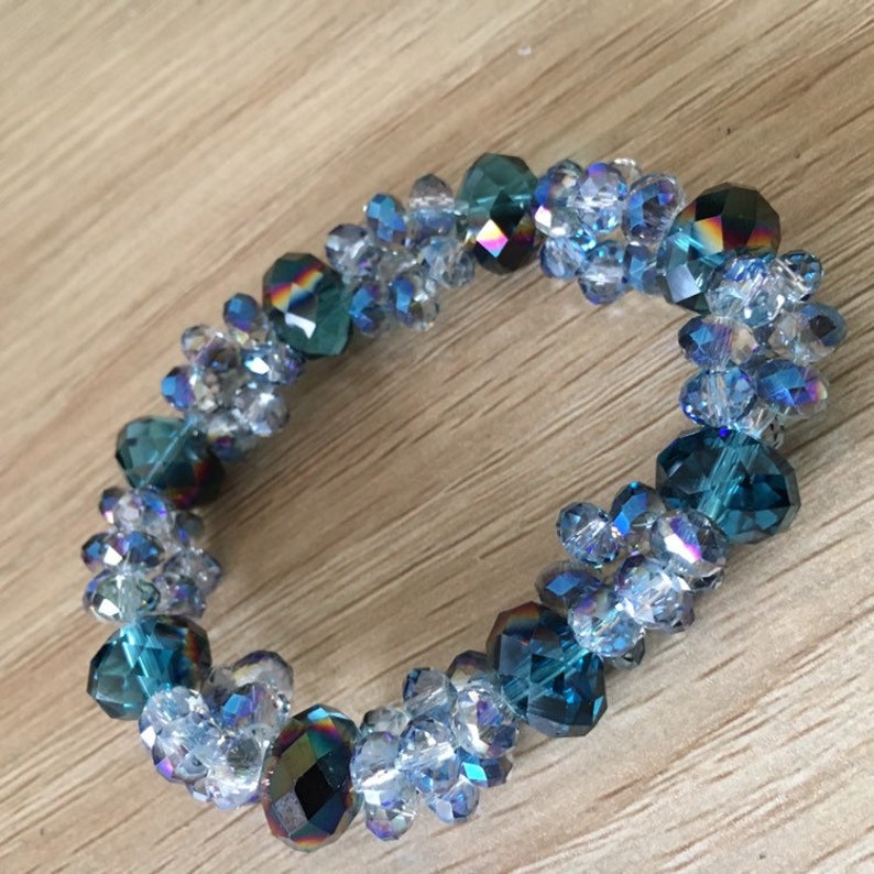 Crystal Stretch Bracelet Bicone Glass Crystals in Blue Brown Color Womens Fashion Bracelet Bangle Elastic Jewelry
