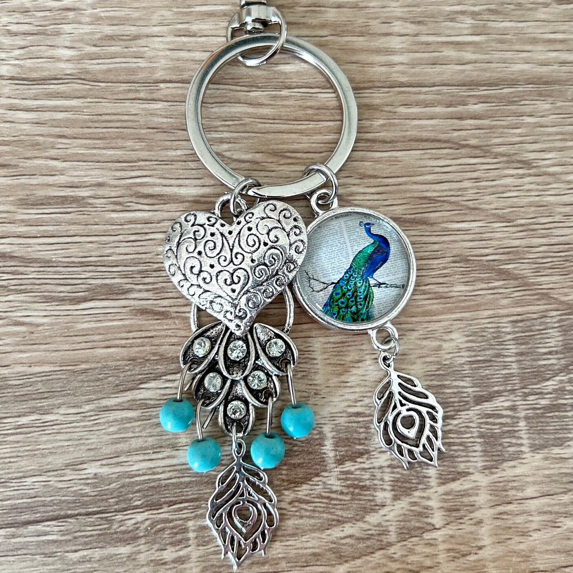 Peacock Keychain Art Deco Keyring Feather Bag Charm Peacock