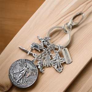 Archangel St Michael Keychain Psalm 91 Protection Charm Spiritual Warrior Bag Charm, Catholic Gift for Men Women Religious Jewelry Accessory