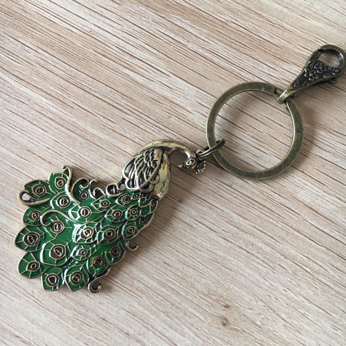 Peacock Keychain Peacock Green Gold Keychain Peacock Etsy