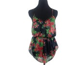 Black Floral Romper - Small red roses lingerie sexy spaghetti straps vintage elastic waist shorts one-piece 1 pc 90s camisole bodysuit hot