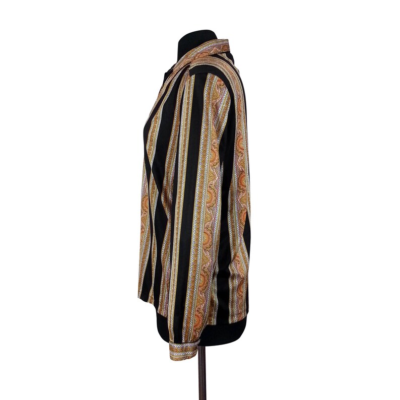Size Large 1970s womens vintage clothing with long sleeves button up down front collared brown black Paisley Striped Polyester Blouse