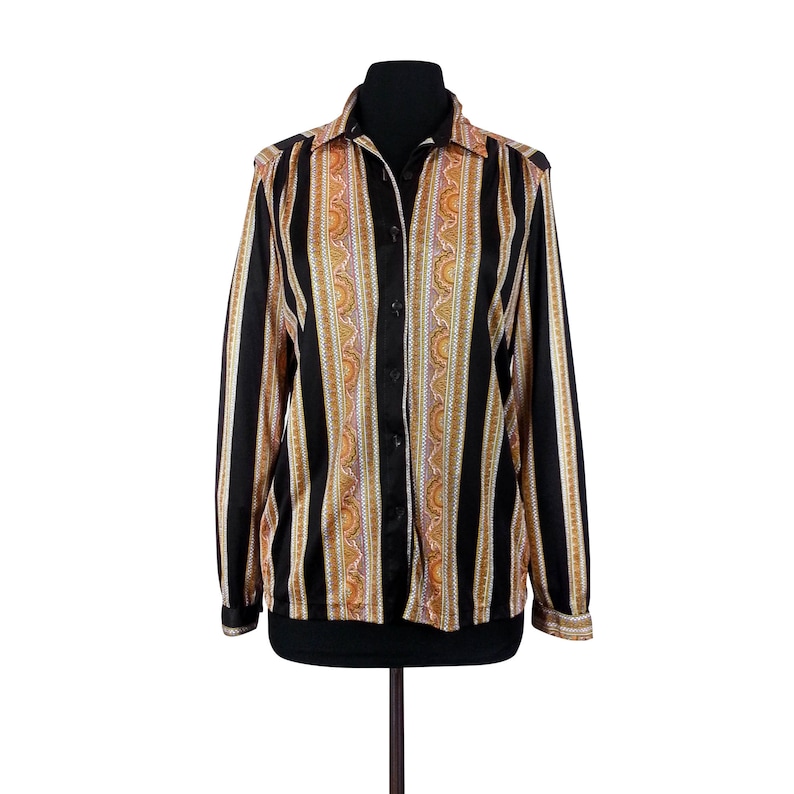 Size Large 1970s womens vintage clothing with long sleeves button up down front collared brown black Paisley Striped Polyester Blouse
