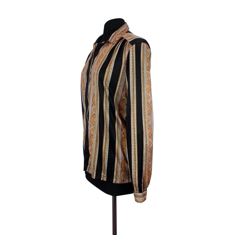 Size Large 1970s womens vintage clothing with long sleeves button up down front collared brown black Paisley Striped Polyester Blouse