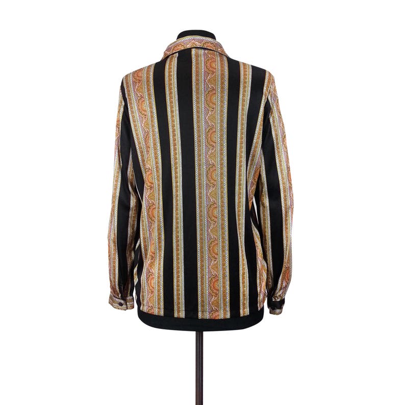 Size Large 1970s womens vintage clothing with long sleeves button up down front collared brown black Paisley Striped Polyester Blouse