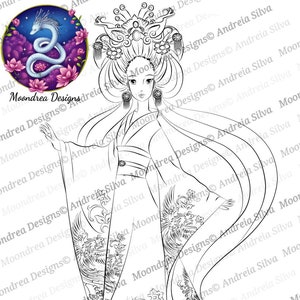 Digitale stempel Kimiko the Phoenix Maiden, lineart om in te kleuren