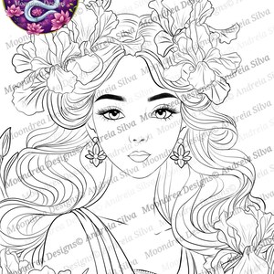 May include: A black and white line art illustration of a woman with long flowing hair, wearing a flowing gown and a flower crown. The woman is surrounded by flowers and leaves. The image is a coloring page.