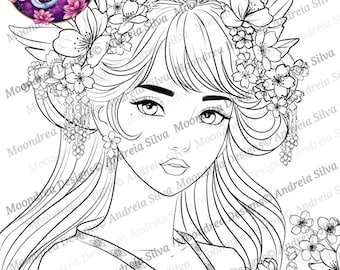 Sakura Fairy Digital Stamp, Lineart for Coloring