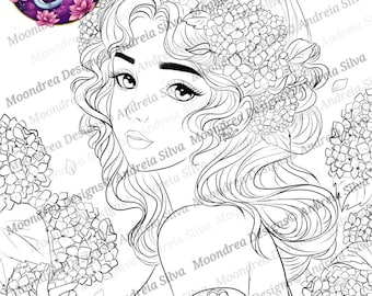 Hydrangeas Maiden Digital Stamp, Lineart for Coloring