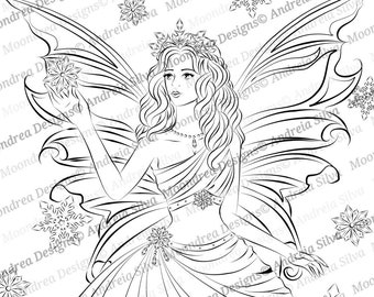 Snowflake Fairy  Digital Stamp, Lineart for Coloring