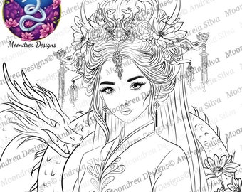 Dragon Maiden Digital Stamp, Lineart for Coloring