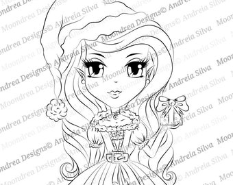 Sello digital de duende navideño de Gina, dibujo lineal para colorear