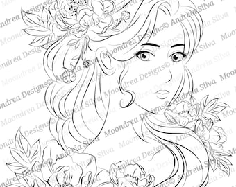 Peony Maiden Digital Stamp, Lineart for Coloring