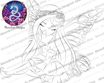 Ashlee Butterfly Wings Fairy Digital Stamp, Lineart for Coloring