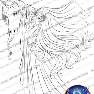 Unicorn Maiden Digital Stamp, Lineart for Coloring