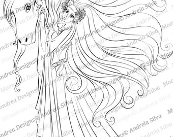 Unicorn Maiden Digital Stamp, Lineart for Coloring