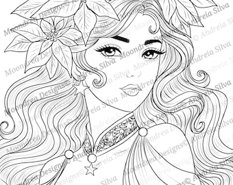 Sello digital Poinsettia Maiden, dibujo lineal para colorear