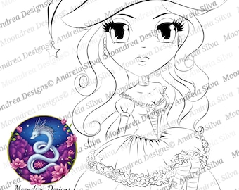 Gina Le Cat Witch Digital Stamp, Lineart for Coloring
