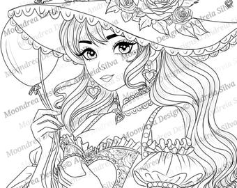 Love Witch Digital Stamp, Lineart for Coloring