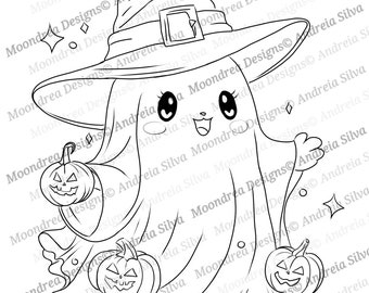 Pumpkin Ghost Digital Stamp, Lineart for Coloring