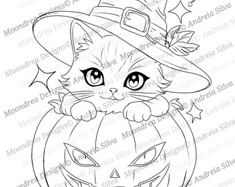 Witch Cat Digital Stamp, Lineart for Coloring