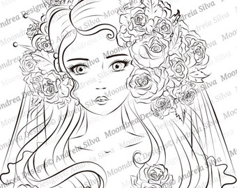 Lady of the Roses Digital Stamp, Lineart for Coloring