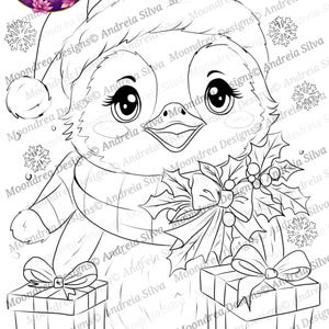 Sello digital de pingüino navideño, dibujo lineal para colorear