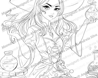 Potions Witch Digital Stamp, Lineart for Coloring