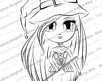 Gigi Little Witch Digital Stamp, Lineart for Coloring