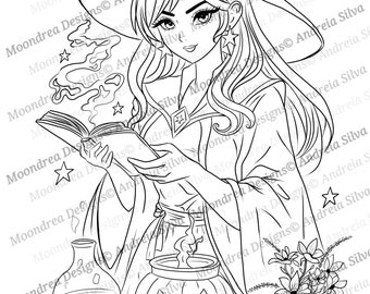 Star Witch Digital Stamp, Lineart for Coloring