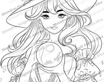 Flower Witch Digital Stamp, Lineart for Coloring