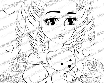 Valentine Teddy Digital Stamp, Lineart for Coloring