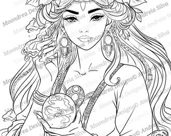 The Sorceress Digital Stamp, Lineart for Coloring