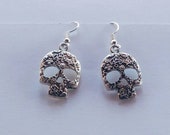 Sugar Skull Dangle Earrings, Dia de los Muertos Skull Hook Earrings, Halloween Costume Accessory, Skeleton Head, Gothic Dangle Earrings