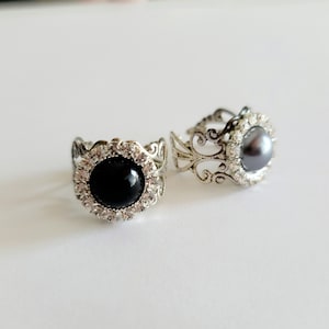 Rhinestone Filigree Ring, Pearly Ring, Adjustable Bling Ring, Summer Jewelry, Summer Accessory, Silver Black Ring, Costume Jewelry, Shiny
