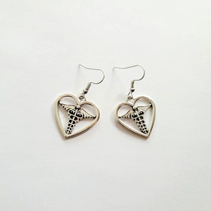 Heart Caduceus Dangle Earrings, Caduceus Earrings,  Nurse Earrings, Gift for Nurse, Gift for Healthcare Worker, Gift for Medical School Grad