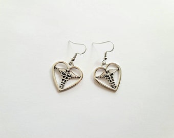 Heart Caduceus Dangle Earrings, Caduceus Earrings,  Nurse Earrings, Gift for Nurse, Gift for Healthcare Worker, Gift for Medical School Grad