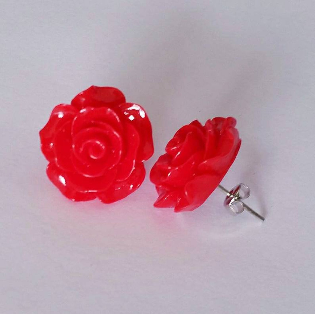Red Rose Post Earrings Red Flower Earrings Rose Earrings - Etsy