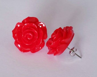 Red Rose Post Earrings, Red Flower Earrings, Rose Earrings, June Flower, Summer Jewelry, Rose Studs, Gift for Her, Flower Child Jewlery