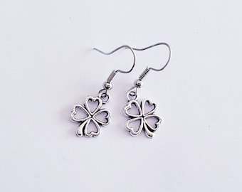Lucky Four Leaf Clover Dangle Earrings, Lucky Earrings, 4 Leaf Clover Hook Earrings, St. Patrick's Day Earrings, Hearts, Shamrocks