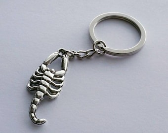 Puede incluir: Llavero de escorpión plateado con una cadena plateada y un anillo plateado.