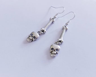 Skull Earrings, Skull and Bones Earrings, Skeleton Earrings, Gothic Hook Earrings, Halloween Jewelry, Statement Jewelry, Costume Jewelry