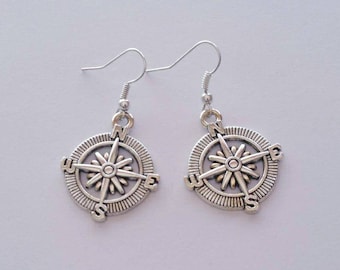 Compass Dangle Earrings, Compass Rose Earrings, Nautical Earrings, NESW, Nautical Jewelry, Statement Jewelry, Gift for Traveler