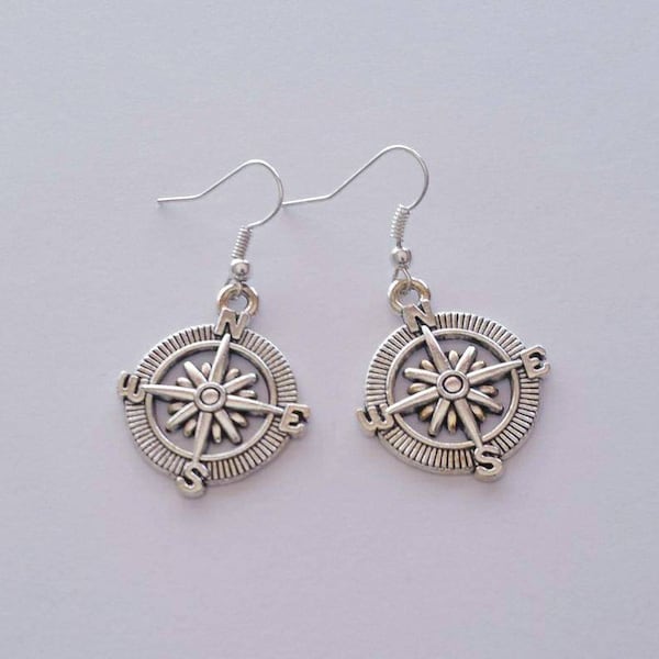 Compass Dangle Earrings, Compass Rose Earrings, Nautical Earrings, NESW, Nautical Jewelry, Statement Jewelry, Gift for Traveler