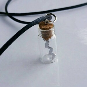 May include: A silver lightning bolt charm inside a clear glass bottle with a cork stopper. The bottle is attached to a black cord necklace.